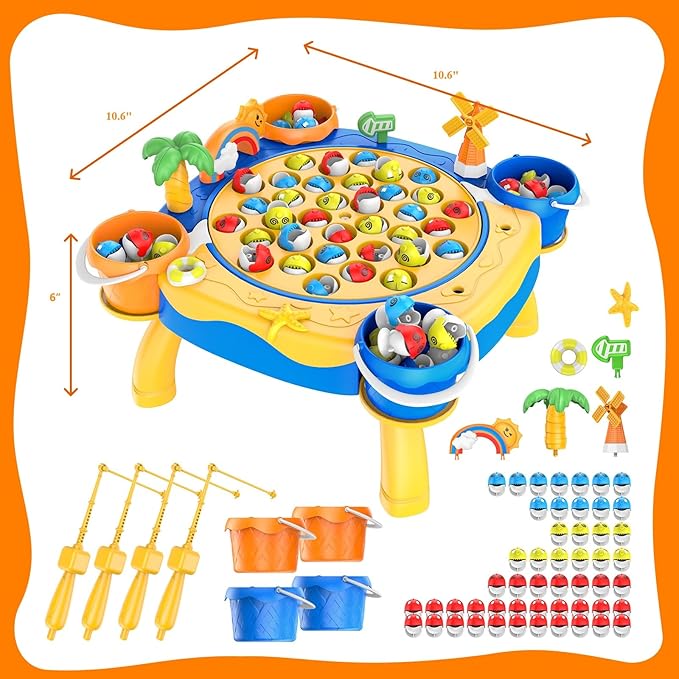 Awsoo Fishing Game Toys for 3 4 5 Year Old Boy, Toddler Toys Age 3-4, 45 Fishes and 4 Fishing Poles Rotating Board Game with Music, Birthday Gift for Toddler Boy Toys