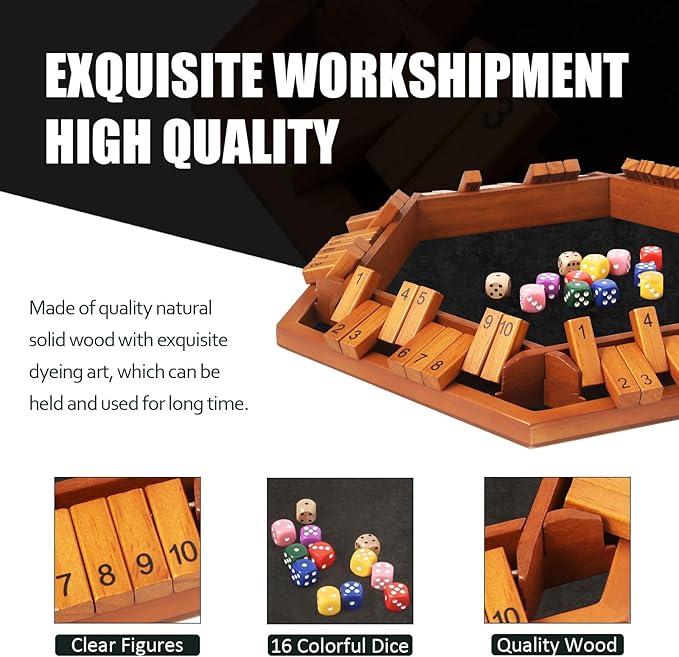 Upgraded 1-6 Players Shut The Box Dice Game, Wooden Board Table Family Game for Kids and Adults with 16 Dice, Classic Tabletop Math Game for Pub Classroom Party, Gift for Christmas Birthday