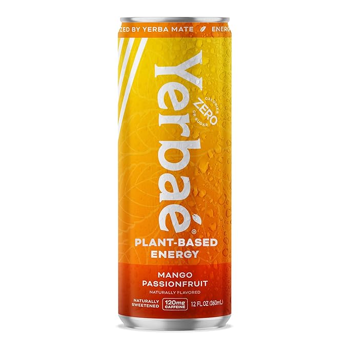 Yerbaé Energy Beverage, Mango Passion Fruit, 120mg Caffeine. No Sugar/Calories/Carbs, Energized by Yerba Mate, Plant-Based, Healthy Alternative to Sugary Drinks, Pack of 12, 12oz cans