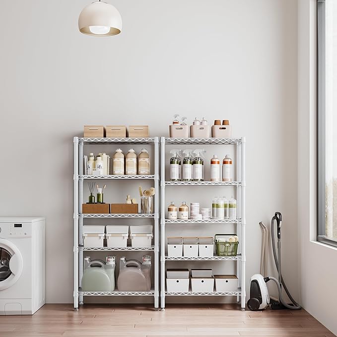 1250 lbs 5 Tier Shelf Metal Storage Shelves Wire Rack Closet Organizers for Garage Kitchen Bathroom Laundry White 11.8" D x 29.5" W x 59.5" H