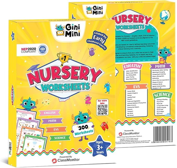 300 Nursery Worksheets (English, Maths, Science, & EVS) with Stickers & Index, Interactive Fun Preschool Learning Activities for Ages 3 and 4