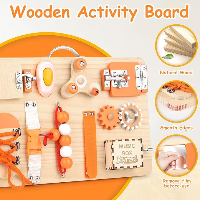Joyreal Wooden Busy Board for Toddlers - Montessori Sensory Activity Board for Fine Motor Skills, Travel Busy Board Educational Sensory Toys for Children for Toddlers & Kids
