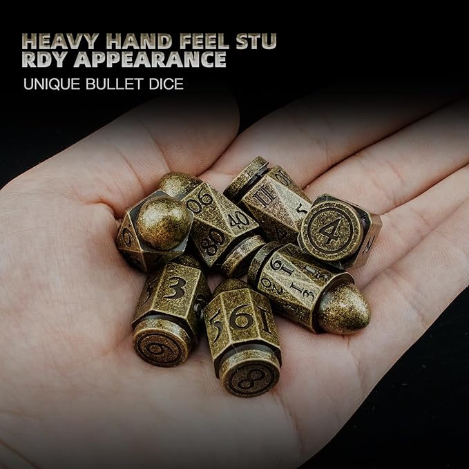Bullet Dice Set - Metal Polyhedral Dice for Dungeons and Dragons, Warhammer, or Crime Theme Role Playing Games (Bronze)