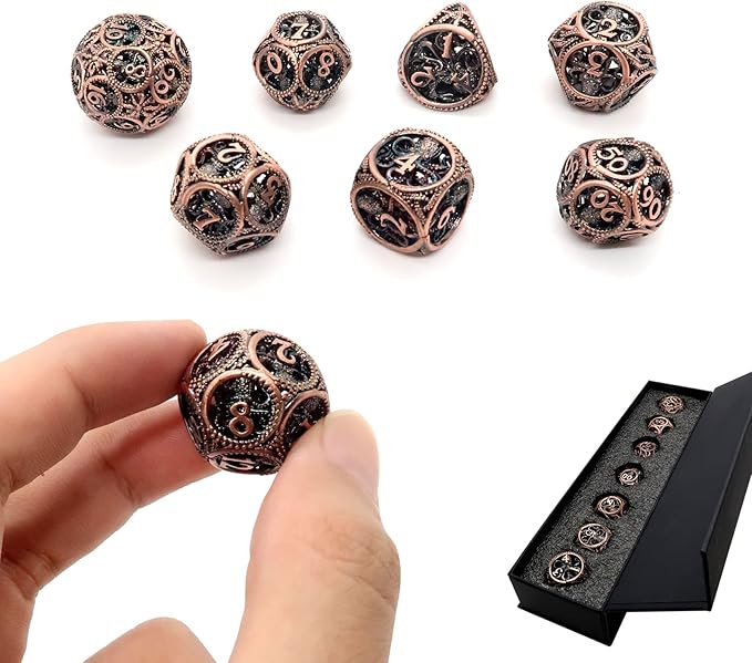 DND Dice,Hollow D&D Metal Dice,Unique Round Ball Design Octopus Dice with Gift Box for Dungeons & Dragon Gaming,7 PCs Steampunk Polyhedral D and D Dic(Ball Octopus red Copper)