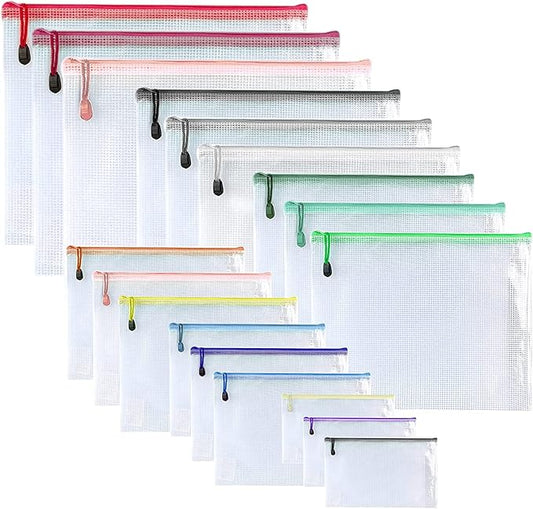 Oaimyy-18 Pcs,Plastic Mesh Zipper Pouch Document Folders Bag Zipper Zip File Folders for Office Supplies, Travel,Organizing Storage (6 Sizes, Multicolor)