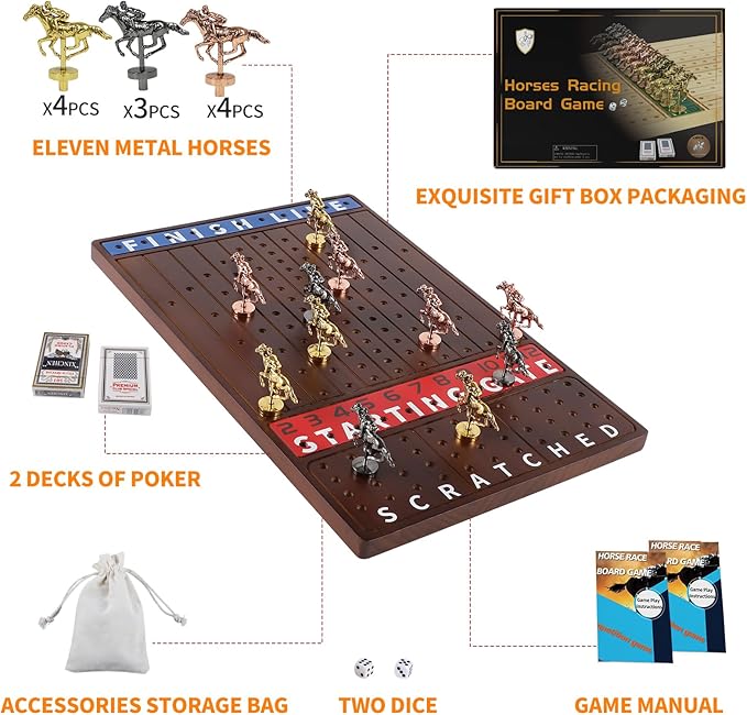 Horse Race Board Game Finish Line Racing Game with 11 Luxurious Metal Horses with 4 Dice and 2 Boxes of Cards Solid Wood Horse Racing Game Board Color Box Packaging (Small, Walnut Color)