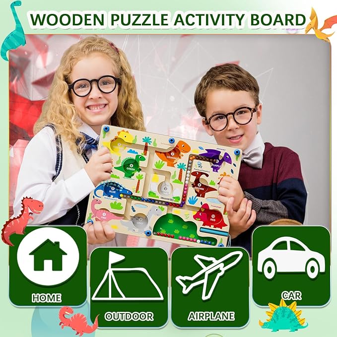 Mom&myaboys Toddler Montessori Wooden Puzzle Activity Board for 3-6 Year Old - Fine Motor Skills Maze Toys, Number and Color Maze Board - Dinosaur Gifts