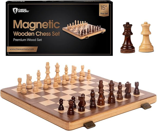 15 Inch Magnetic Wooden Chess Set for Adults & Kids - Folding Travel Chess Board with Handcrafted Staunton Pieces, Extra Queens, and Storage Slots