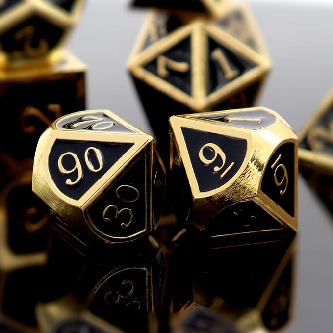 Haxtec DND Metal Dice Set D&D Dice for Dungeons and Dragons Roleplaying Games-Glossy Enamel Dice (Gold Black)