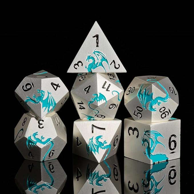Blue Dragon Metal DND Dice Set,HNCCESG Cool D&D Dice Set of 7 Piece,Dungeons and Dragon Gift Dice, Role Playing Dice for D&D Table Games((Matte Silver Blue2 Dragon)