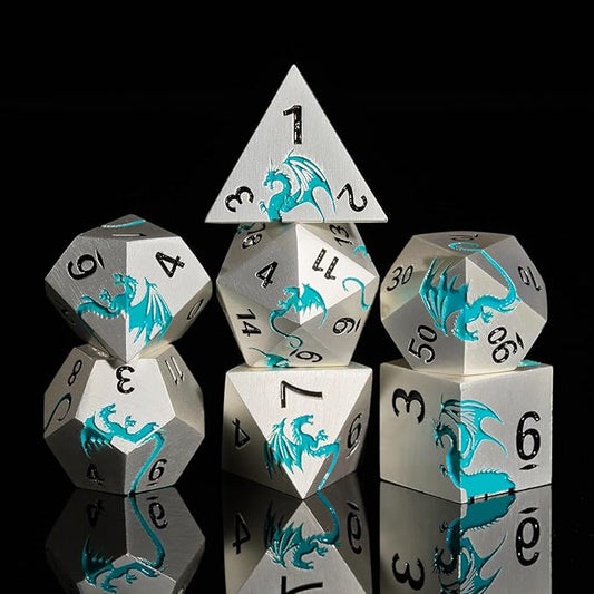 Blue Dragon Metal DND Dice Set,HNCCESG Cool D&D Dice Set of 7 Piece,Dungeons and Dragon Gift Dice, Role Playing Dice for D&D Table Games๏ผ(Matte Silver Blue2 Dragon)