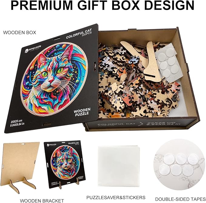 Wooden Puzzle for Adults โ Unique Cat-Shaped Jigsaw, Animal Desgin Brain Teaser for Kids & Teens, 200 Pieces, 10"x10", Ships as Whole Puzzle Board (No Loose Pieces), Gift-Ready Box, Fun Family Game,