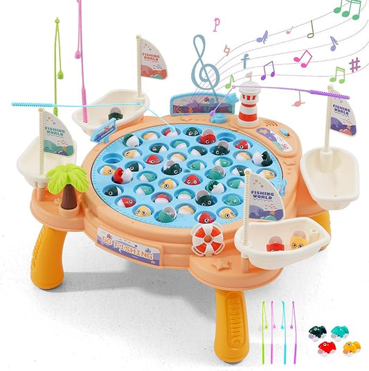 Ark miido Fishing Game Toy Set - 45 Fish, 4 Poles, Rotating Board with Legs On-Off Music Switch Family Board Game Multiplayer Game Toy for Kids Boys and Girls Age 3+