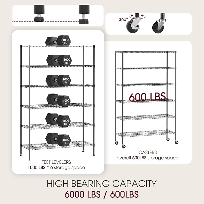 BestOffice 18x48x77 Storage Shelves Commercial Heavy Duty Metal Shelves Garage Organizer Wire Rack Shelving Storage Unit Shelf Adjustable Utility 6000 LBS Capacity,Black