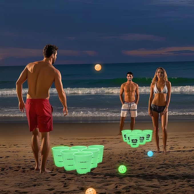 Yard Pong Outdoor Games Glow in Dark with 12 Buckets and 6 Balls, Backyard Toss Games Glow Yard Game for Adults, Family and Kids