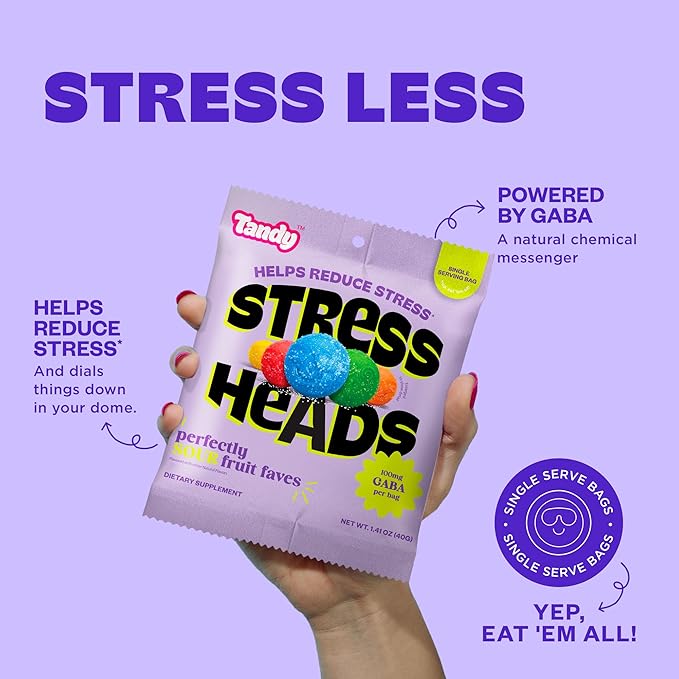Tandy Stress Heads GABA Amino Acids Gummies I Perfectly Sour Fruit Faves Flavor Gummies Helps Support Stress Relief I Gluten-Free Fast-Acting Dietary Supplement Gummy I 6-Pack