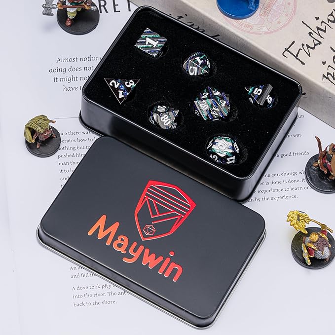 Dungeons and Dragons Dice, Metallic Stripes Dice with Gift Case, Metal Polyhedral Dice Sets for Tabletop Games D&D Role Playing Game (Black Nickel-Purple Green)