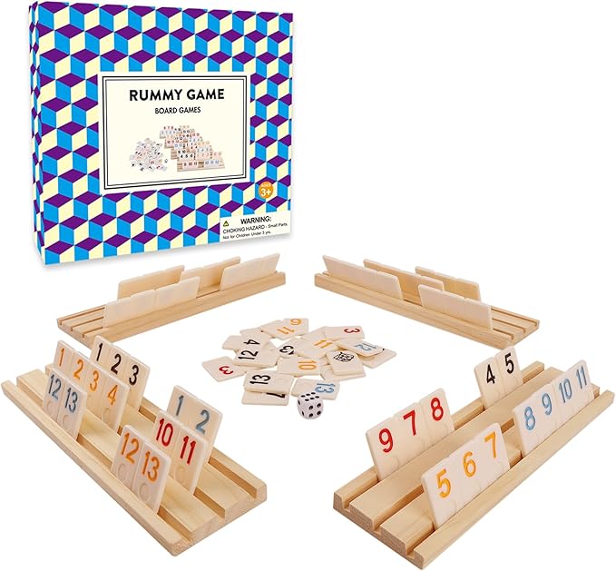 Classic Rummy Tiles & Cube Game Set with 106 Large-Number Tiles, 4 Wooden Racks & Dice - Family Board Games for Adults & Kids, Rummy Tile Games for 2-4 Players, Funny Night Game
