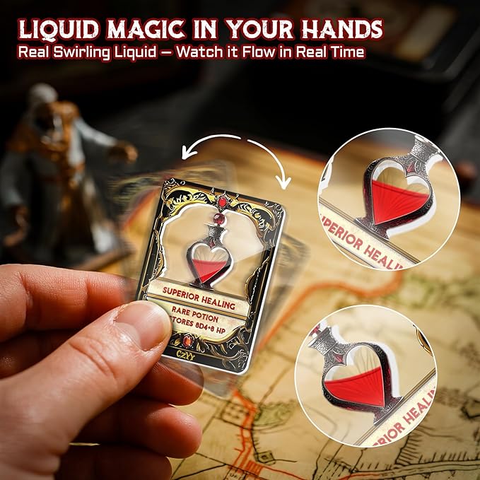 DND Healing Potion Cards Set - 15 Acrylic Fantasy Potion Tokens with Real Red Liquid | Ideal for Dungeon Masters, Tabletop RPG Players, Collectors & Immersive Game Nights (Style A)