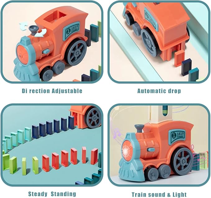 Automatic Domino Train for Kids 200pcs Blocks Montessori Dominos Stacking Toys Christmas or Birthday Gifts for 3 4 5 Year Old Boys Girls Toddler Age 6-8 Game Play (Orange)