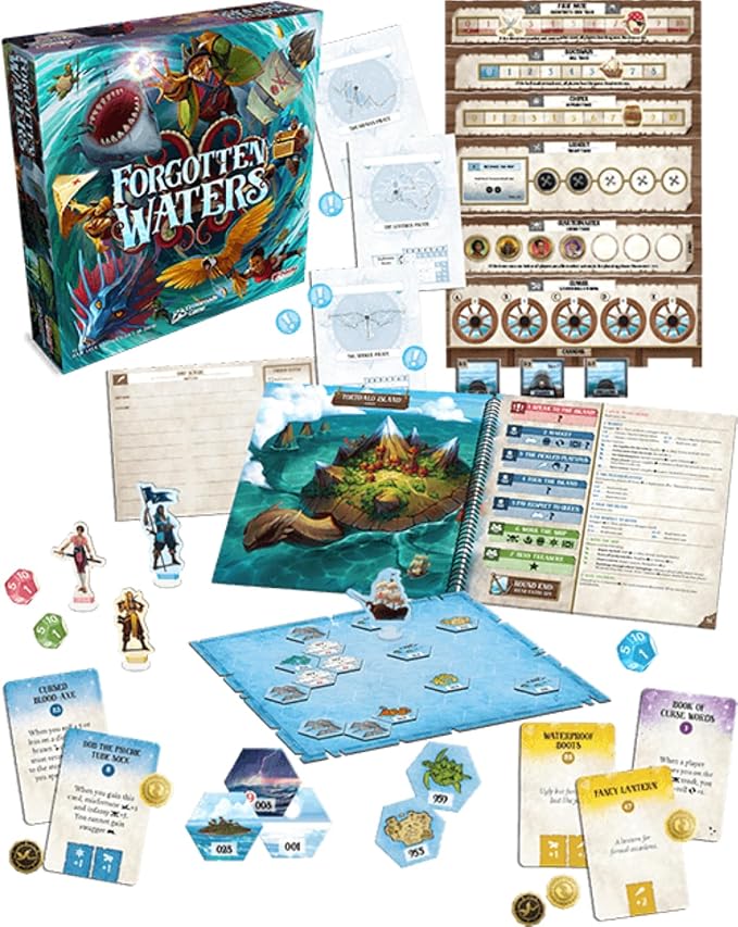 Forgotten Waters Board Game - Embark on a Hilarious Pirate Adventure in a World of High Seas Hijinks! Cooperative Strategy Game, Ages 14+, 3-7 Players, 2-4 Hour Playtime, Made by Plaid Hat Games