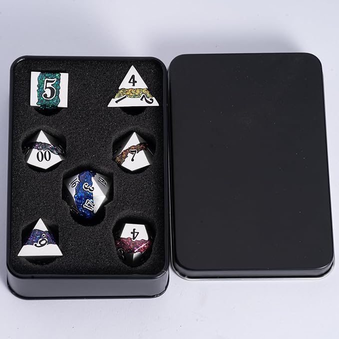 Polyhedral Metal Dice Set,7pcs Set Glitter Stripe DND Dice with Gift Box for RPG