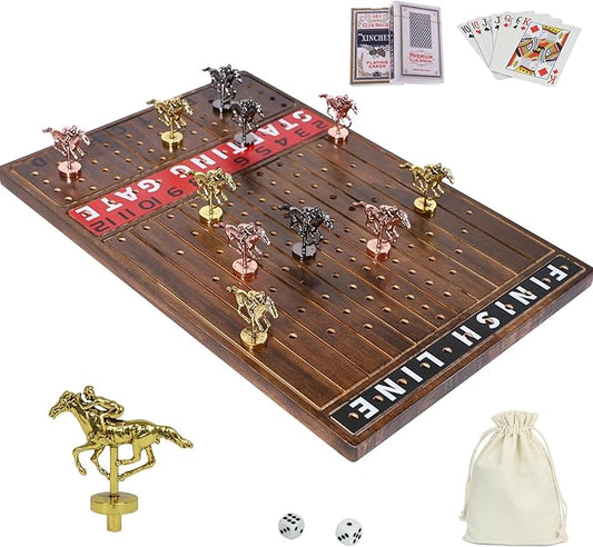 Horse Race Board Game with 11 Luxurious Durable Classic Metal Horses with 4 Dice and 2 Boxes of CardsThickened Solid Wood Horse Racing Dice Game (Rustic Brown)