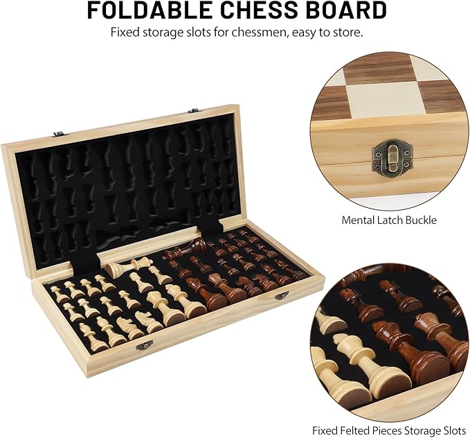 LEAP Wooden Chess Set 17" Inches - 2 Extra Queens - Folding Board Raised Edge, Handmade Portable Travel Chess Board Game Sets with Game Pieces Storage Slots - All Age Chess Set for Adults and Beginner