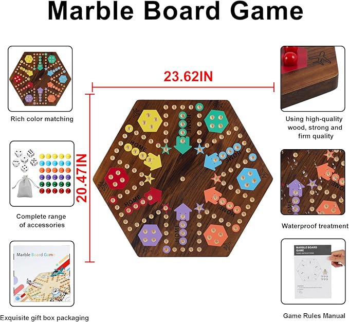 Extra Large 23.6 Inches Wahoo Marble Board Game 4 and 6 Players 2 Sided Painted Thicken Wood Board Perfect Game for Family Friends Party (Brush Paint Burn)