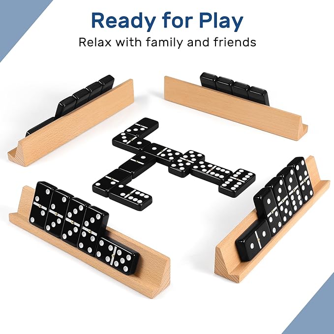 Dominoes Set for Adults with 4 Wooden Racks/Trays, Double Six Dominoes Travel Set with Portable Case Double 6 Dominoes Set with 4 Tiles Holders, 28 Tiles Dominos Set for Family Board Games - Black