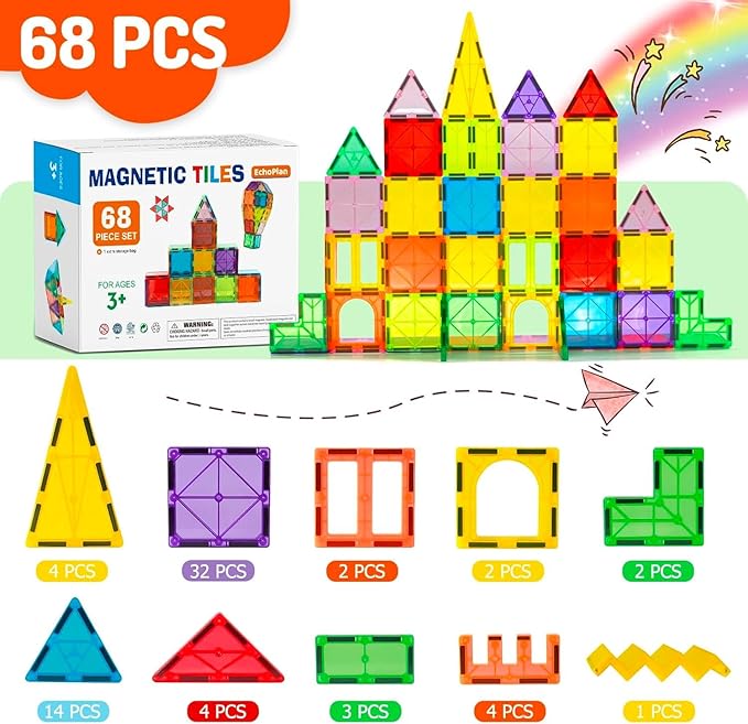 EchoPlan Magnetic Tiles,68PCS Magnetic Building Blocks,Magnet Tiles 3D Clear Building Blocks Set,STEM Sensory Educational Toys Gift for Toddlers Kids Boys 3 4 5 6 7 8 9+ Year Old