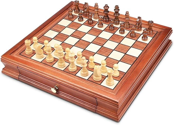 AMEROUS 12.8'' Magnetic Wooden Chess Set / 2 Built-in Storage Drawers / 2 Extra Queen/Gift Package/Chess Rules/Classics Strategy Board Games Chess Sets for Kids and Adults