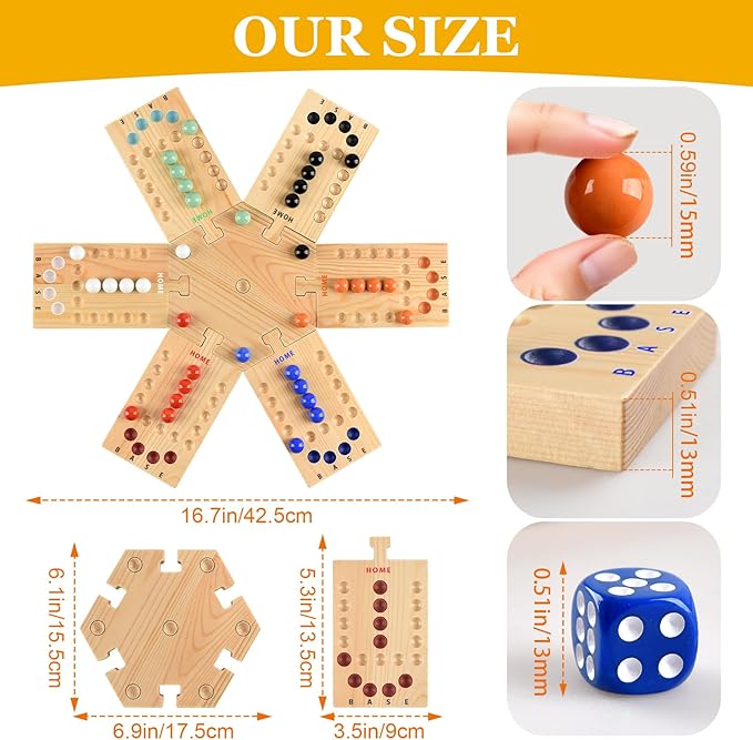 Deeper Holes & Larger Marbles Original Wooden Marble Board Game, Portable for 2-6 Players, Wahoo Game with 36 Marbles & 12 Dice for Family, Friends, Party, Travel, and Camping
