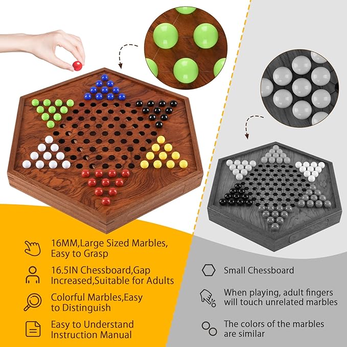 16.5" Large Chinese Checkers Upgraded Version Wooden Game Board, 16mm 60+12 Colorful Acrylic Marbles, Easy Grasping for Adults and Kids, with Storage Drawer, Fun for Family Gathering