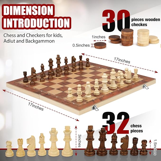 Chess Checkers Backgammon 3-in-1 Board Games Sets, Wooden Chess Set for Adults & Kids, 17.2" Lightweight Checkers Board Game,Strategy Backgammon Sets for Adults, Travel Chess Board Game Pieces Storage