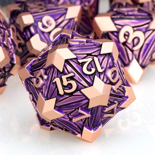 7PCS Metal DND Dice Set with Box, Debris RPG Purple D and D Dice for use with D&D Tabletop Games Role Playing Game Polyhedral Dice Set D20 D12 D10 D8 D6 D4