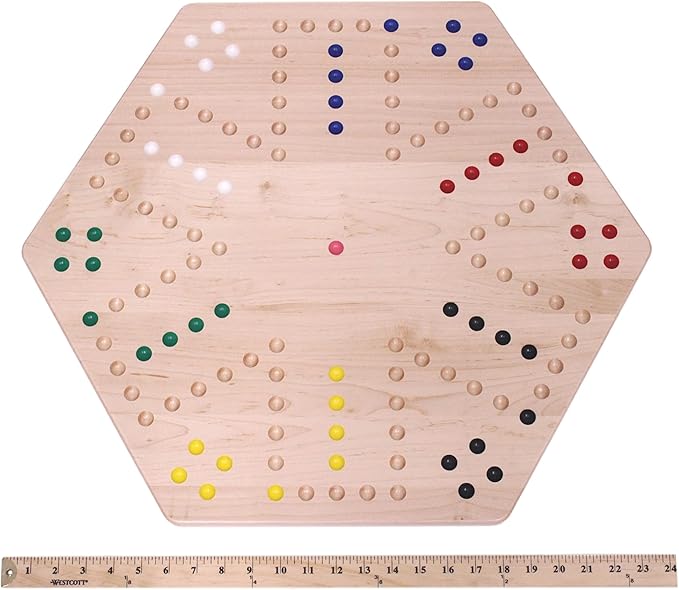 AmishToyBox.com Wahoo Wooden Marble Game Board Set - Large 24" Wide - Solid Maple Wood - Double-Sided - with Large 22mm Marbles and Dice Included