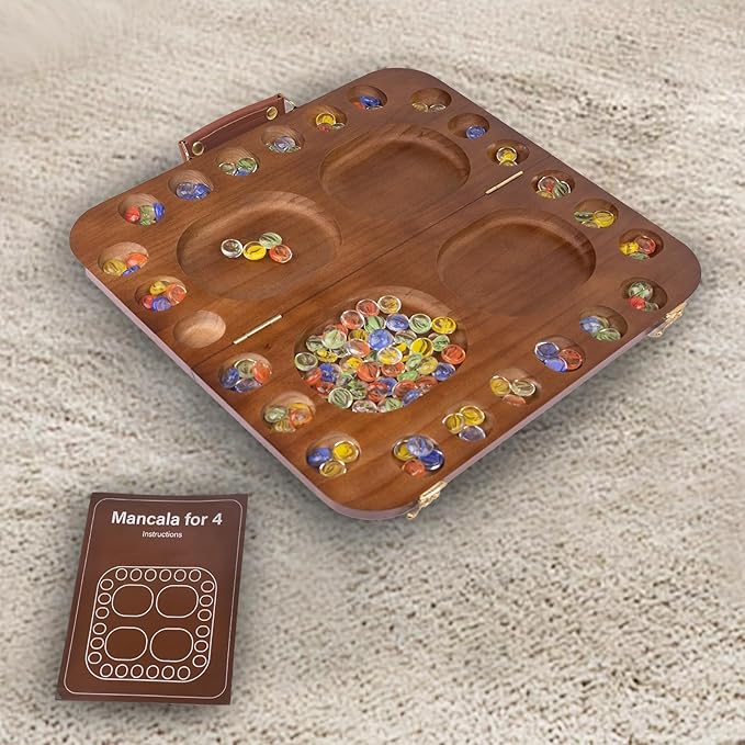 4 Player Wooden Mancala Board Game,4 Player Mancala Board Game Set, Great Glass Beads,Classic & Portable Marble Game for Family Game Night and Travel Game