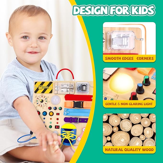 Busy Board,Montessori Toys for 1-3 Years Old, Wooden Toddler Toys, Autism Sensory Travel Toys, Ideal Gift for 1+ Year Old Boys (Busy Board Plus v3)