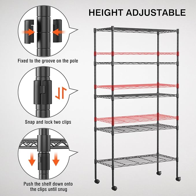 FDW Adjustable Storage Shelves 5-Tier Wire Shelving Unit Heavy Duty Metal Shelves with Wheels 14”Dx30”Wx61”H Storage Shelf Rack for Home Kitchen Commercial, Black
