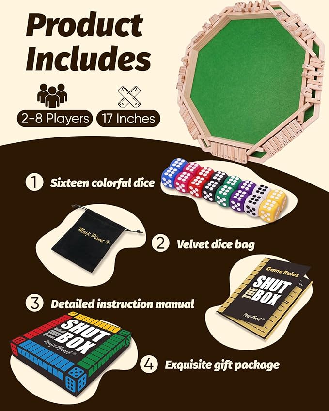 Upgraded Shut The Box for 2 8 Player Math Family Game Night Quick Dice Game for Party Camp Bar Travel Class School Wooden Classic Table Top Board Game for Adult and Kid Group Elder 17"