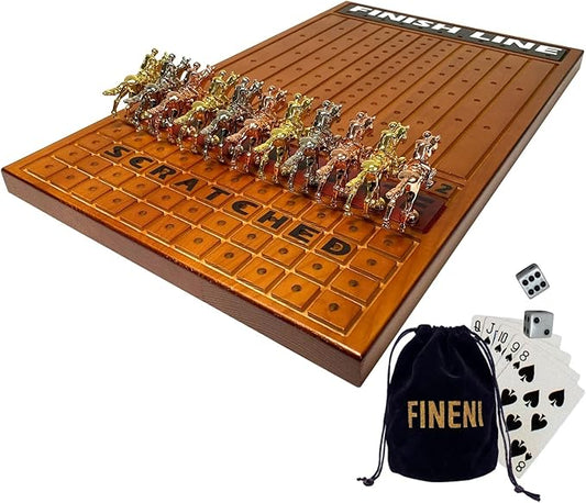 Horse Racing Game for Adults - 11 Luxurious Metal Horses (Silver, Black, Rose Gold), 16" Dark Pine Wood Race Board, Dice & Card Included (Dark Color)