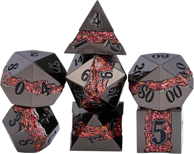 Metal DND Polyhedral Dice,Large Stripe Glitter Metallic Dice Set,Antique Silver Dice 7pcs Set for Role Playing Games(Black Nickel Red)