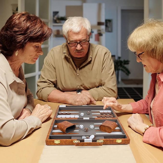 Backgammon Set, 15 Inch Portable Board Game with PU Leather Case for Adults, Brown Backgammon Travel Set