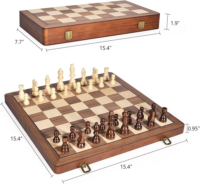 15" Wooden Chess Set with Magnetic Pieces - Extra Queens - Folding Chessboard Portable Travel Tournament Chess Board Games for Adults Kids