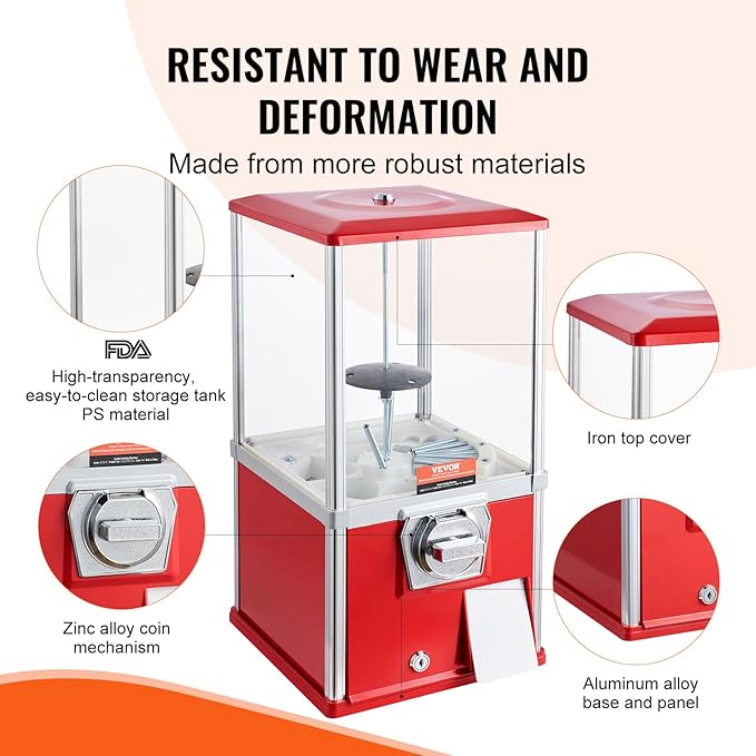 VEVOR Gumball Machine, 21" Height Home Vending Machine, PS Bouncy Balls Dispenser, Hold 180 Capsule Toys, Rectangle Bubble Gum Machine for Game Stores, Coin Operated Gumball Bank, Red