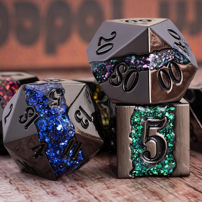D&D Dice Set Metal,Large Striped Glitter Dice Set.RPG Polyhedral Dice 7pcs Set