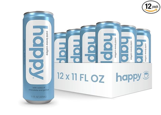 happy coffee cold brew, 11 oz. cans, 12 pack, notes of chocolate & genius, 100% arabica beans, no artificial flavors or sweeteners