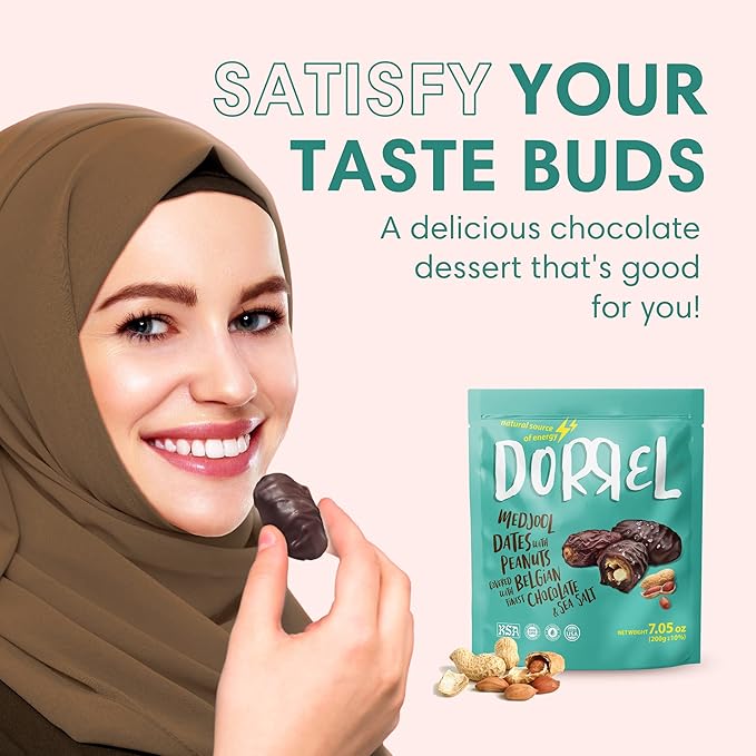 DORREL - Belgian Dark Chocolate Covered Dates (Medjool) with Salted Peanuts Stuffing, High Energy Vegan Choco Snack, Delicious, Kosher & Non-GMO, Pack of 1 Stuffed Chocolate Dates, 7.05 oz / 200 g Ea