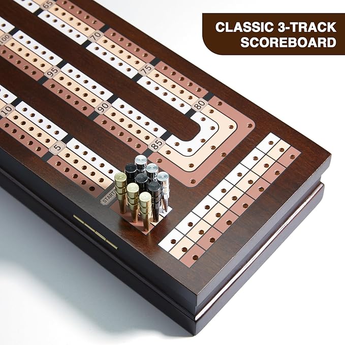 VAMSLOVE Wooden Cribbage Board Game Magnetic 3-Track Scoreboard with Large Slots for Storing 2 Playing Cards and 9 Metal Pegs, Travel Family Game Night (Instruction Included